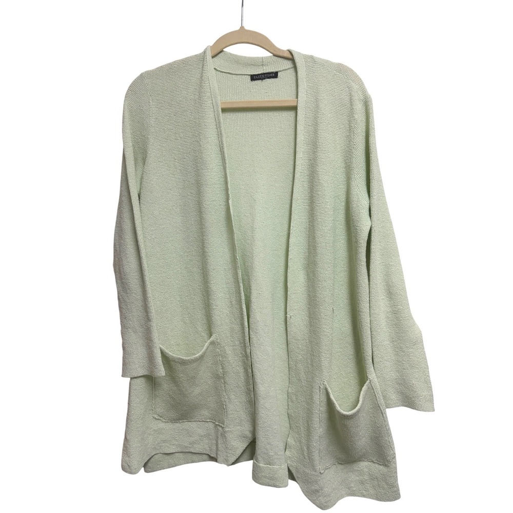 Eileen Fisher Open Front Waffle Knit Mint Green Cardigan Sweater Petite M